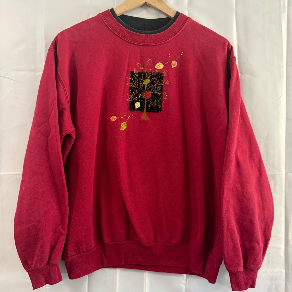Womens Embroidered Tree Leaves Fall Double Crewneck Sweatshirt L Grandma Teacher